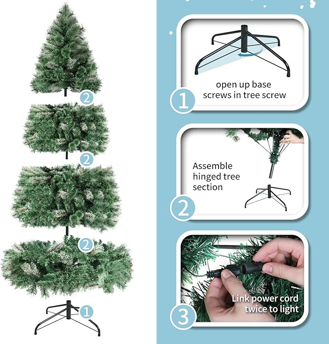 Arlopu 9ft Pre-lit Artificial Cashmere Christmas Tree, Snow Flocked Prelighted Pine Needle Xmas Tree, W/Warm White Lights, Tips, Foldable Metal Base for Home Store Party Holiday Decoration