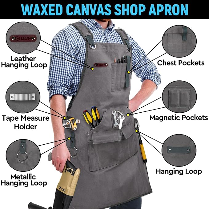 Woodworking Apron for Men, Shop Apron 20 oz Canvas Work Apron with 9 Tool Pockets, Heavy Duty Wood Working Workshop Bib Apron for Carpenter Woodworker Blacksmith, Men Gift, Adjustable to S- 3XL, Grey