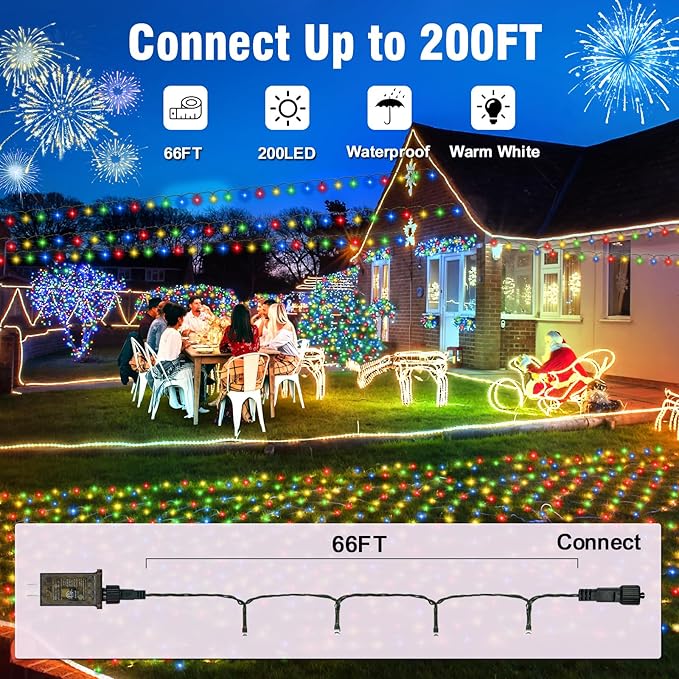 Nisocy 66FT 200 LED 4 Color Christmas String Lights, Multicolor Fairy Lights with Green Wire, 8 Modes Plug in Christmas Tree Lights for Indoor Outdoor Holiday Decorations, Party, Patio, Home Décor