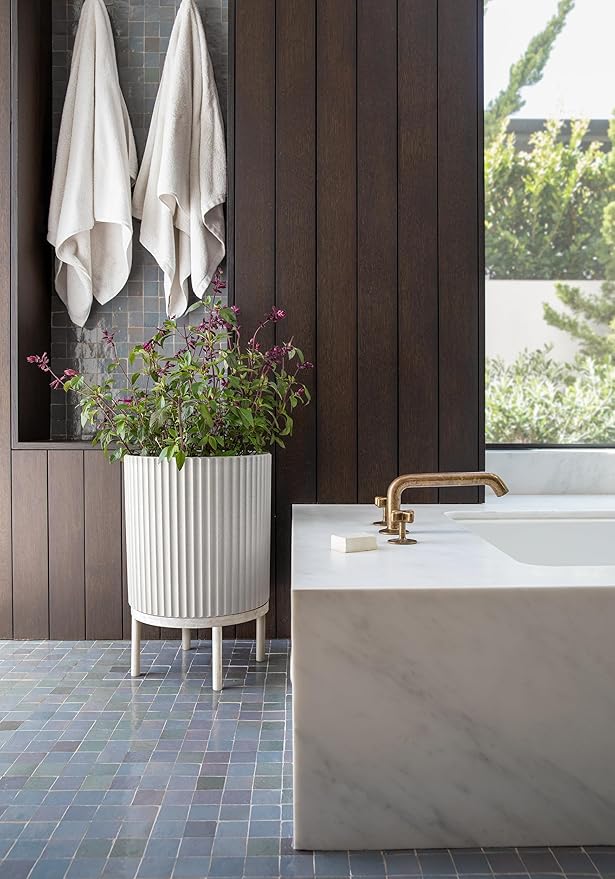 Veradek Demi Series Round Planter w/Stand for Porch/Patio | Durable Plastic-Stone Composite & Wooden Stand | Modern Décor for Tall Plants, Flowers