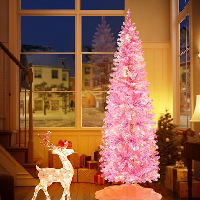 6Ft Prelit Artificial Slim Pink Christmas Tree, 240 LED Warm Lights, 658 Thick Branches, Fire-Resistant, UL Plug, Metal Stand, Hinged Pencil Xmas Tree Christmas Decorations Home Indoor Outdoor