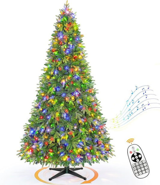 6.5FT Pre-Lit Artificial Full Christmas Tree with 360° Rotating Musical Base, Green Spinning Xmas Tree Holiday Festive Decor with Warm White & Multicolor Lights, 8 Lighting Modes, Timer