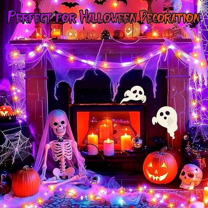 66FT 200 LED Halloween String Lights, Twinkle Lights with 8 Modes and Timer, Outdoor Waterproof Halloween Tree Lights for Room Bedroom Wedding Party Holiday Decorations, Purple and Orange