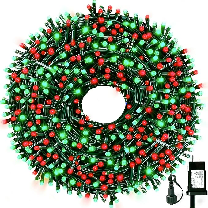105FT 300 LEDs Red Green Christmas Lights Outdoor Indoor, Christmas Tree Lights Party Decorations, 8 Lighting Modes with Timer & Memory Function