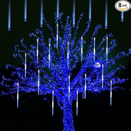 LJLNION Meteor Shower Lights, 12 Inch Outdoor Icicles Christmas Lights, 8 Tubes 288 LED Iciclelights Snow Falling Light, Connectable Raindrop Light, Xmas Wedding Party Tree Holiday Decor, Blue