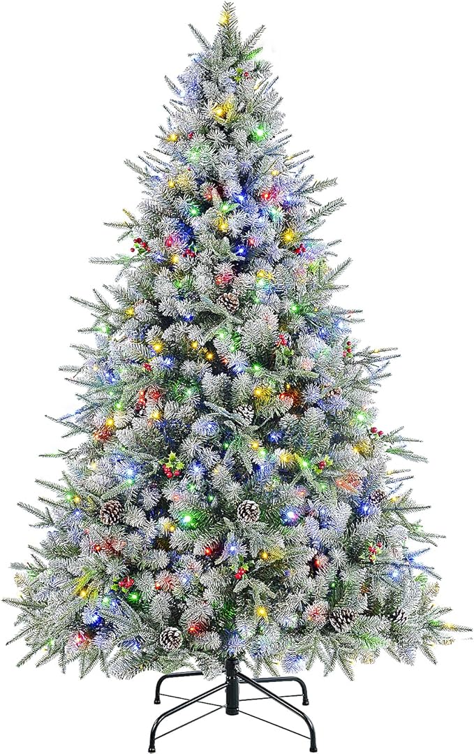 SHareconn 6.5ft Pre-Lit Flocked Spruce Artificial Hinged Christmas Tree with Remote, Timer and 400 Warm White & Multi-Color Lights, 1062 Branch Tips, Perfect Choice for Xmas Decoration, 6.5 FT, White