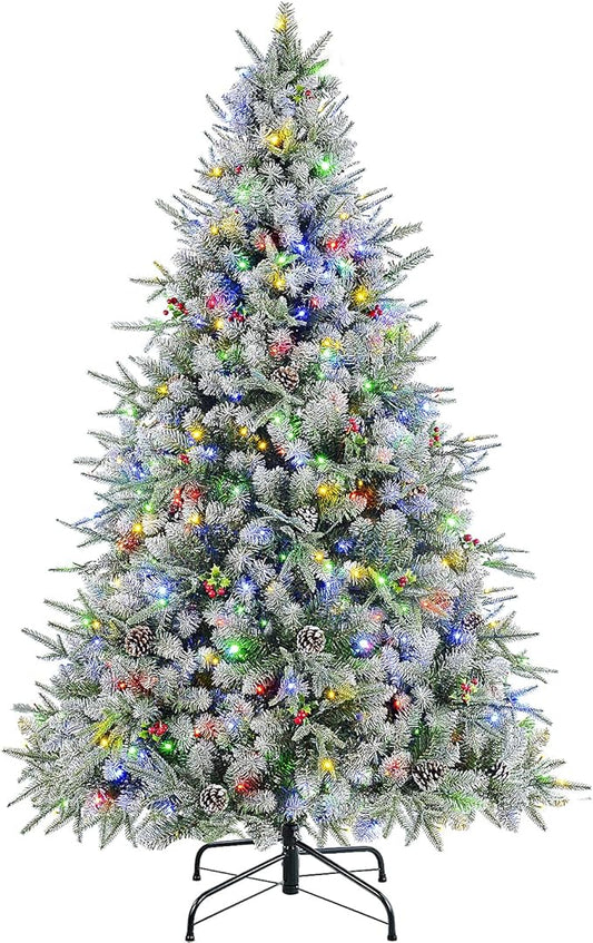 SHareconn 6.5ft Pre-Lit Flocked Spruce Artificial Hinged Christmas Tree with Remote, Timer and 400 Warm White & Multi-Color Lights, 1062 Branch Tips, Perfect Choice for Xmas Decoration, 6.5 FT, White