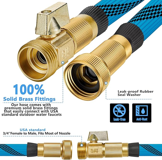 50 ft Garden Hose -Heavy Duty Water Hoses, Kink-free, Flexible&Lightweight Car Washing Pipe with 3/4" Solid Brass Connectors, Rubber Hoses with Spray