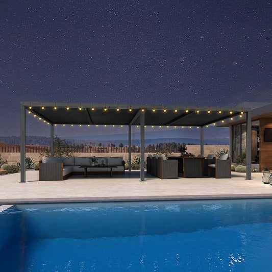 PURPLE LEAF Louvered Pergola 12' x 24' Outdoor Retractable Modern Hardtop Full Aluminum Pergola with Adjustable Rainproof Roof and 36 Clear LED String Lights for Patio Deck Backyard Slate Grey