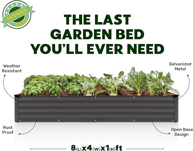 Galvanized Raised Garden Beds Outdoor // 8×4×1 ft Planter Raised Beds for Gardening, Vegetables, Flowers // Large Metal Garden Box // Patented Tool-Free Design (Dark Gray)