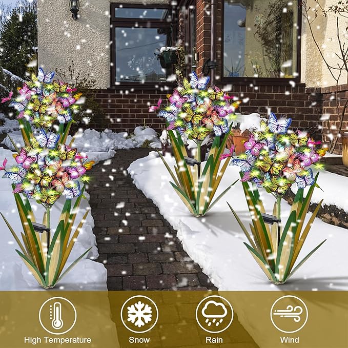 Solar Metal Agave Butterfly Flower Stick Garden Sculpture - Outdoor Christmas Lights With Swaying Butterfly - Solar Powered Gift (2 PCS Light Green)