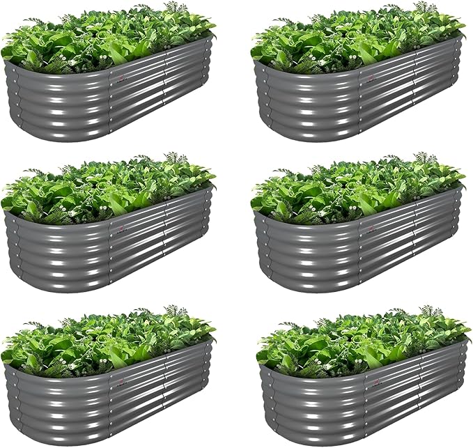 A ANLEOLIFE 6 Pcs 6X2X1.5 ft Oval Round Galvanized Raised Garden Beds Outdoor for Planting Vegetables Flowers Herb, Quartz Grey