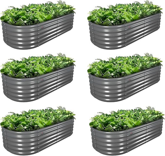 A ANLEOLIFE 6 Pcs 6X2X1.5 ft Oval Round Galvanized Raised Garden Beds Outdoor for Planting Vegetables Flowers Herb, Quartz Grey