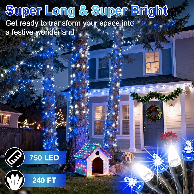 750 LED 240FT Christmas String Lights Outdoor, 12 Pro Modes and Timer Memory & Brightness, Plug in Waterproof Dark Green Wire Twinkle Light for for Xmas Yard Tree Wedding Party Decor (Blue & White)