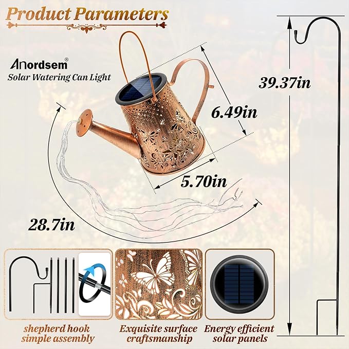 Anordsem Solar Lanterns Outdoor for Homeowners: Metal Butterfly Watering Can with Hook - Waterproof Hanging Art Decoration for Garden Patio - Gardening Birthday Gifts for Women Mom Grandma