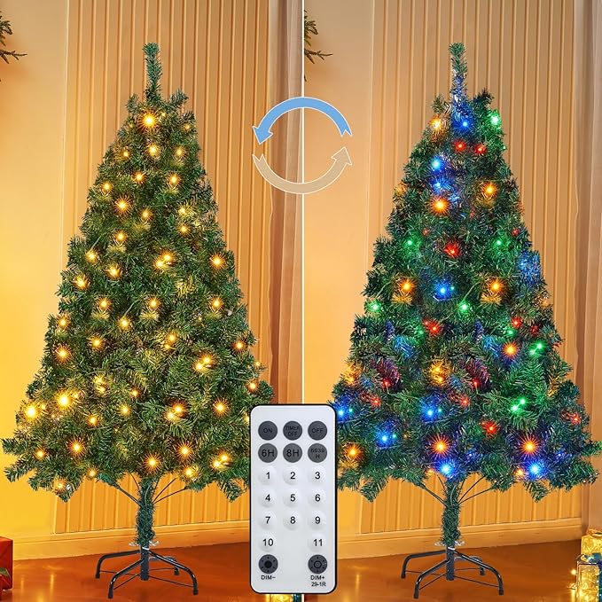 Juegoal 5 FT Artificial Christmas Tree (NOT Pre-Strung) with Remote Control, 200 LED Warm White & Multicolor Changing Lights, Fake Xmas Pine Tree with Metal Legs, 550 Branch Tips, Green