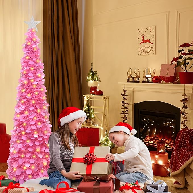 HMASYO 5 FT Pop Up Christmas Tree with Timer Lights, Hot Pink Christmas Tinsel Tree, Collapsible Artificial Pencil Christmas Tree for Indoor Home Apartment Porch Holiday Party Decorations