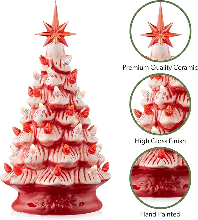 Casafield Hand Painted Ceramic Christmas Tree, Red and White Peppermint 12-Inch Pre-Lit Tree with 100 Multi Color Lights and 2 Star Toppers