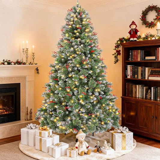 Hykolity 7.5 ft Prelit Snow Flocked Christmas Tree, Partially Frosted Xmas Pine Tree with Red Berries, 350 Warm White Lights, 1372 PVC Branch Tips, Metal Stand and Hinged Branches