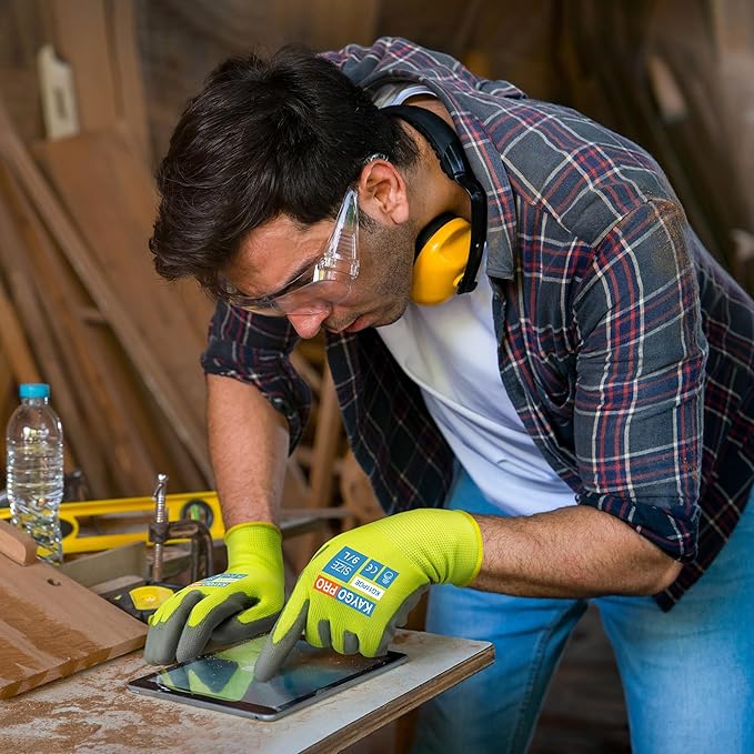 KAYGO Safety Work Gloves PU Coated for Men and Women- KG11P,12 Pairs,Seamless Knit Glove with Two Fingers Touchscreen,Ideal for General Duty Work (Green,M)