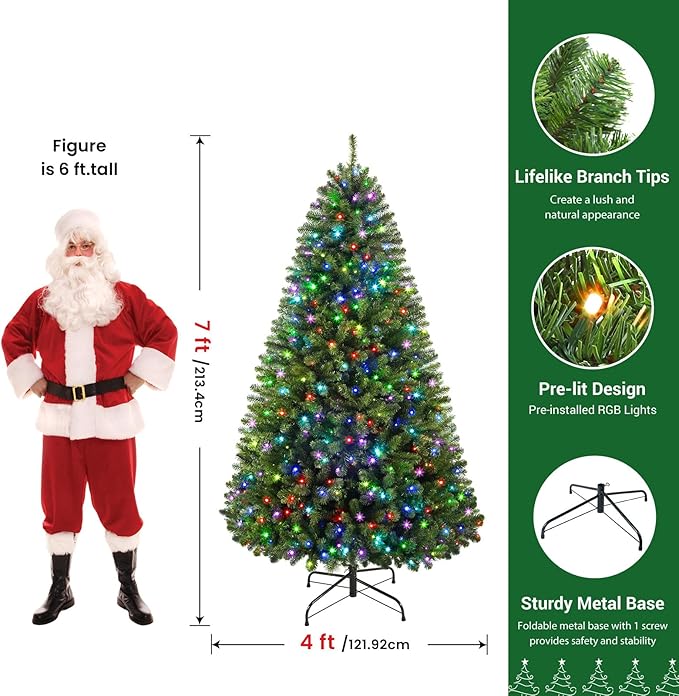 SHareconn 7ft Prelit Artificial Classic Spruce Christmas Tree with Remote Control, 400 Warm White & Multi-Color LED RGB Lights, 1062 Branch Tips, 7 FT Perfect Choice for Home Xmas Decoration, Green