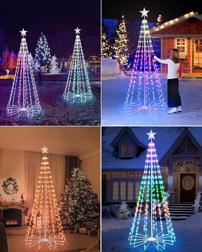 Brightever 8FT 355 LED Smart Cone Christmas Tree, Outdoor Prelit Christmas Tree with 16 Million DIY RGB LED Light Show, Remote APP Control Color Changing Music Sync for Xmas Outdoor Decorations