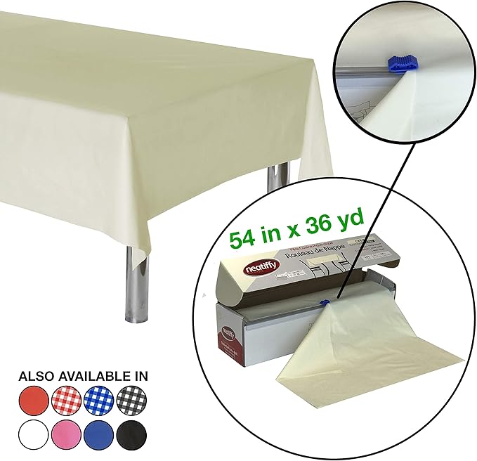 Neatiffy Disposable Plastic Table Cloth Roll | 54 in x 108 Ft Waterproof Tablecloth | Table Cover for Rectangle, Square, Round Oval Tables | Picnic, Party, Banquet, Birthdays, Weddings - Ivory