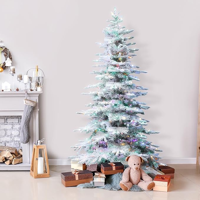 Fraser Hill Farm 6.5-Ft. Pine Valley Flocked Artificial Christmas Tree with Dual Multicolor & Warm White LED Lights, Prelit Foldable Fake Tree with Realistic Snowy Foliage for Home Decoration