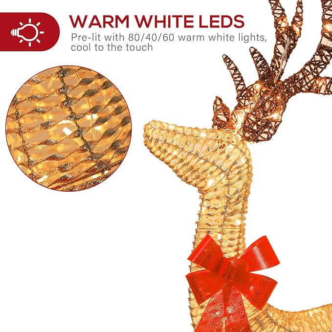 Hykolity 4.5 FT 3D Lighted Outdoor Christmas Deer Family Set, 3- Piece Christmas Reindeers with 230 Warm White LED Lights, Yard Decoration with Stakes, Zip Ties, Gold