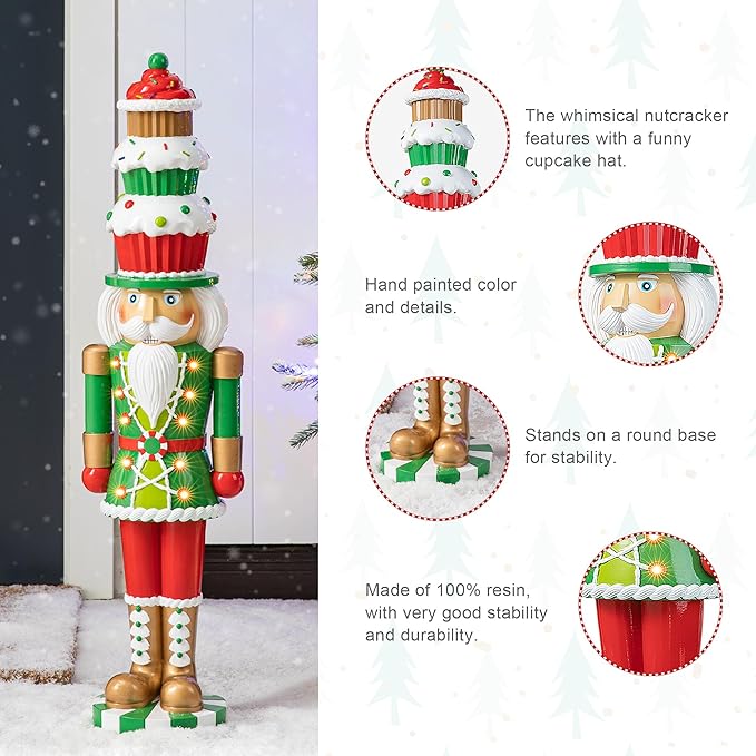 Glitzhome 28''H Lighted Resin Christmas Nutcracker with Cupcake Hat Porch Decor with Timer, Xmas Winter Patio Front Porch Indoor Outdoor Home Standing Decor