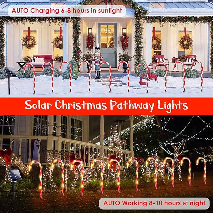20 Pack Solar Christmas Candy Cane Lights, Christmas Decorations Outdoor Waterproof, Solar Powered Pathway Lights with 8 lighting Modes & Memory Function for Outside Party Garden Yard Patio Decoration