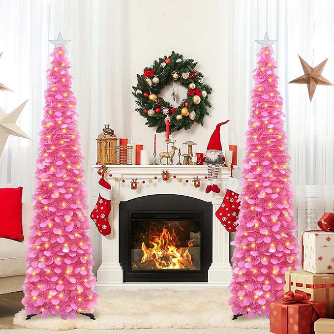 HMASYO 6 FT Pop Up Christmas Tree with 100 LED Lights & Remote, Hot Pink Christmas Tinsel Tree, Collapsible Artificial Pencil Tree for Home Office Party Decor, USB Powered Timer Lights, Easy Assembly