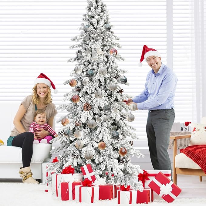 7.5 FT Snow Flocked Slim Fir Christmas Tree with 1424 PE & PVC Mixed Branch Tips,Unlit Artificial Skinny Pencil Xmas Tree with 40 Pine Cones,Hinged Premium Xmas Trees for Home,Office,Party Decoration