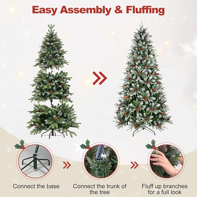 5 Ft Artificial Christmas Tree Pre-Decorated with Snow Flocked PVC&PE Tips, Pine Cones, Red Berries, Unlit Xmas Tree with Metal Stand for Hoilday Office Outdoor Christmas Decoration(Green White)