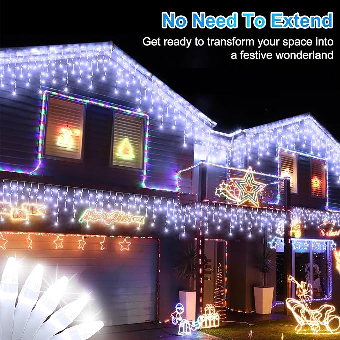 810LED 82ft Christmas Lights, 180Drops 12 Modes Cool White Christmas String Lights Outdoor Dimmable, Waterproof Christmas Decoration Fairy Lights with Timer for Indoor Eaves Party Patio Window Fence