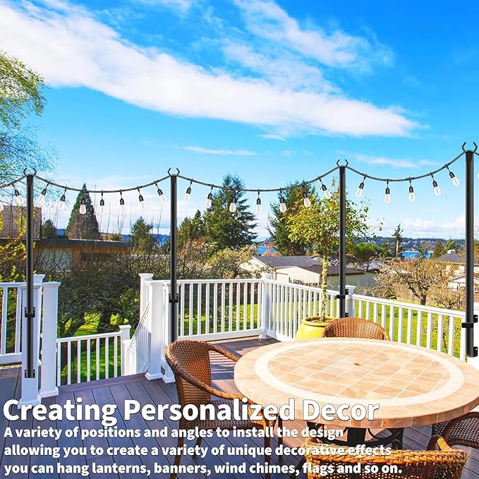 4-Pack Pack 5 Ft String Light Poles, String Light Poles for Outside with Fixing Clips,Metal Poles for Outdoor String Lights, Hanging Light Poles for Deck Fence Garden Backyard Wall Bistro