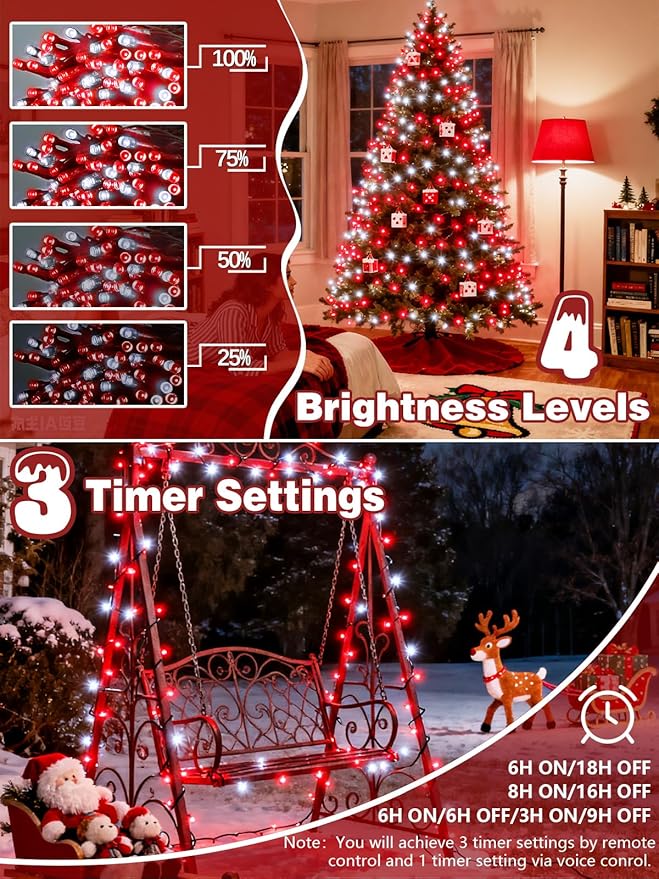 Voice Controlled Christmas Lights with Remote, 99 FT 300 LED String Lights Indoor Outdoor with 12 Modes 3 Timers, Dimmable Twinkle Light Plug in Waterproof for Xmas Tree Party Decor, Red and White