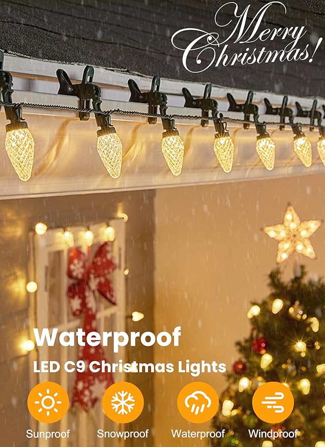 C9 68Ft Led Christmas String Lights 100 LED with Quick Clips Outdoor Waterproof Strawberry Lights, Commercial Grade Extendable for Indoor Outside Roofline Patio Home Xmas Decoration, Warm White