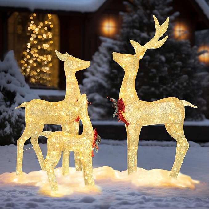 MUPATER Outdoor Christmas Decoration Lighted Deer Family Set Indoor, Christmas Holiday Yard Decor 3-Piece Set for Lawn and Home Party with Lights, Ground Stakes and Zip Ties, Gold