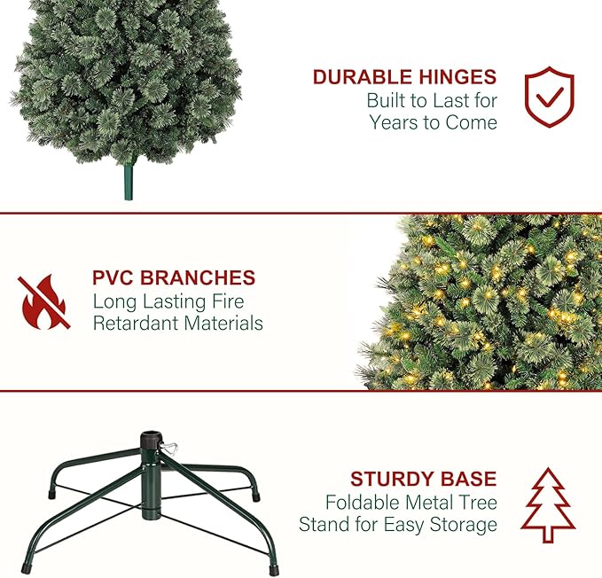 Hykolity 7.5 ft Pre-lit Christmas Tree, Artificial Christmas Pine Tree with 450 Warm White LED Lights, 1580 PVC Branch Tips & Needles, Metal Stand and Hinged Branches