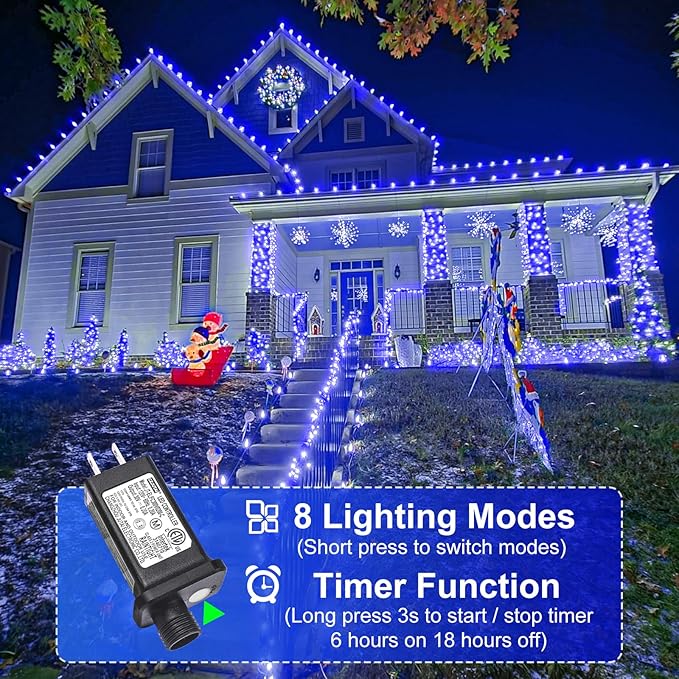 Christmas Lights Outdoor, 66FT 200 LED Christmas String Lights with 8 Modes Waterproof, Connectable Green Wire Twinkle Light for Tree Patio Garden Party Holiday Decorations, Blue