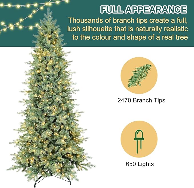 9 FT Prelit Artificial Skinny Christmas Tree,Blue Spruce Slim Pencil Xmas Tree with 2470 PE&PVC Mixed Branch Tips,650 UL Listed Clear Lights,Hinged Pine Tree with Metal Stand for Home Office Décor