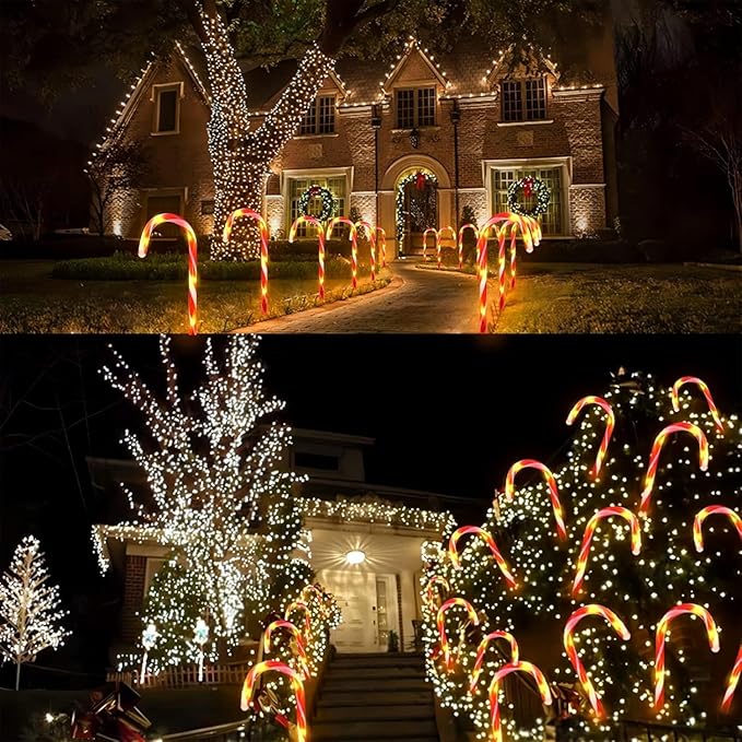 KAQ 24 Pack Upgraded Solar Candy Cane Lights, Waterproof Outdoor Pathway Stake Christmas Lights with 8 Modes, Solar for Outside Yard Walkway Garden Christmas Decorations