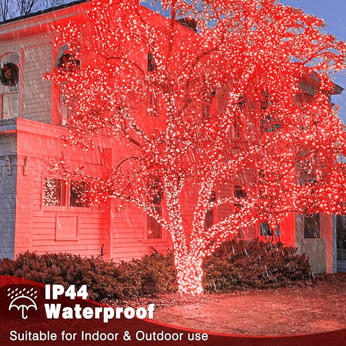 800 LED Christmas Lights Outdoor Indoor, String Lights for Outside with 8 Modes Waterproof, Plug in Twinkle Light Clear Wire for Xmas Tree, Patio, Garden, Party Decorations, Red