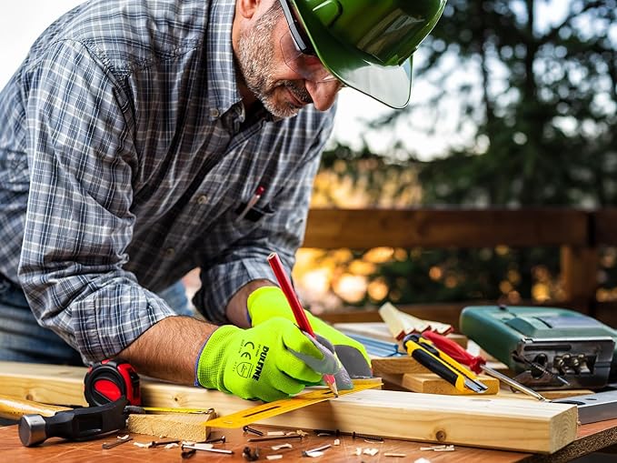 Safety Work Gloves for Men PU Coated 12 Pairs Bulk Pack,Hi-Vis Yellow Seamless Knit Glove with thin Polyurethane Coated Smooth Grip on Palm & Fingers,Ideal for General Duty Work (Medium)