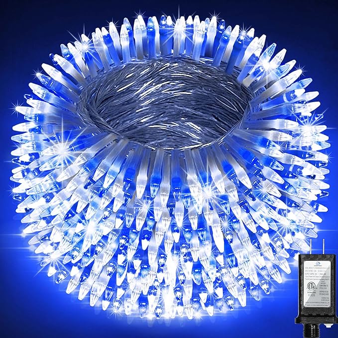 300LED Chrstmas Lights, 75ft Indoor Outdoor Christmas String Lights with 12 Modes, Blue Cool White LED String Lights with Timer Dimmable Waterproof for Tree Fence Wedding Party Decor Blue & White
