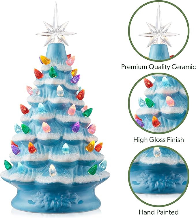 Casafield Hand Painted Ceramic Christmas Tree, Blue Snow Flocked 12-Inch Pre-Lit Tree with 100 Multi Color Lights and 2 Star Toppers
