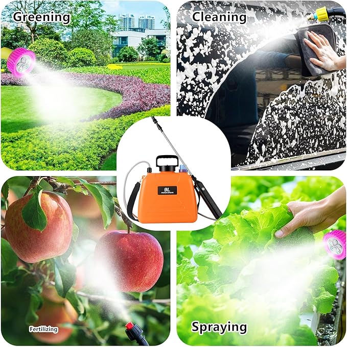 Battery Powered Sprayer, 2.4 Gallon Electric Garden Sprayer, Automatic Power Weed Spray Battery Operated with Adjustable Shoulder Strap and Rechargeable Handle for Yard, Lawn, 3 Mist Nozzles (Orange)