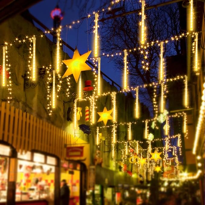 2-Pack Extendable Meteor Shower Christmas Lights Outdoor, 16 Tubes 384 LEDs Waterproof Falling Rain String Lights, Christmas String Lights Outdoor for Tree Patio Garden Holiday Decorations(Warm White)