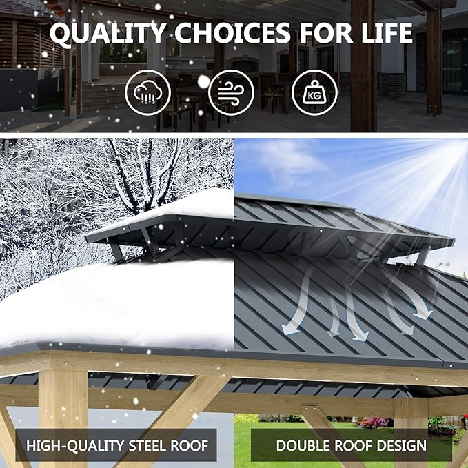 10'x12' Wood Gazebo, Outdoor Solid Wooden Gazebo with Double Roof Galvanized Steel Top, Hardtop Cedar Frame for Garden, Patio, Deck, Backyard